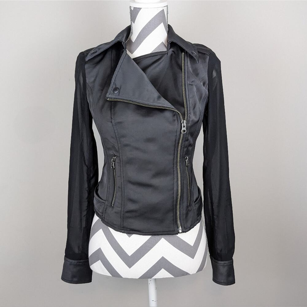 GUESS Satin Cropped Moto Jacket Sheer Sleeve Black XS Y2K - Picture 12 of 16